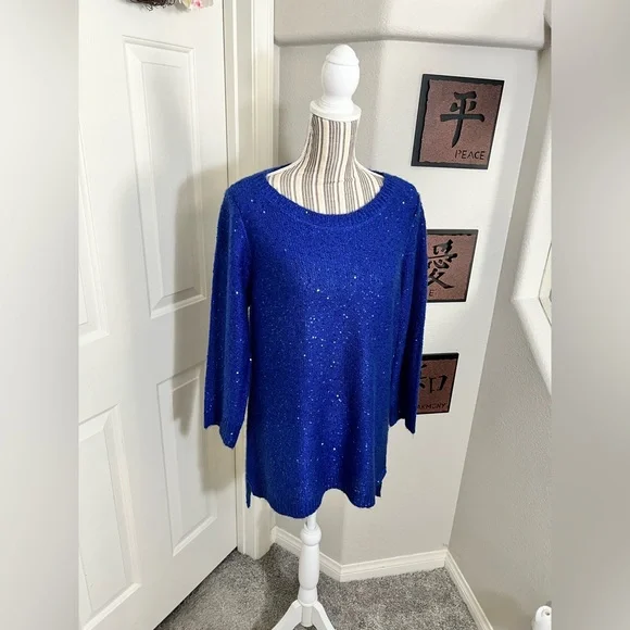 ANN KLEIN NWT $89 blue glitter knitted scoopneck hi-low sweater/dress XL - Picture 9 of 10